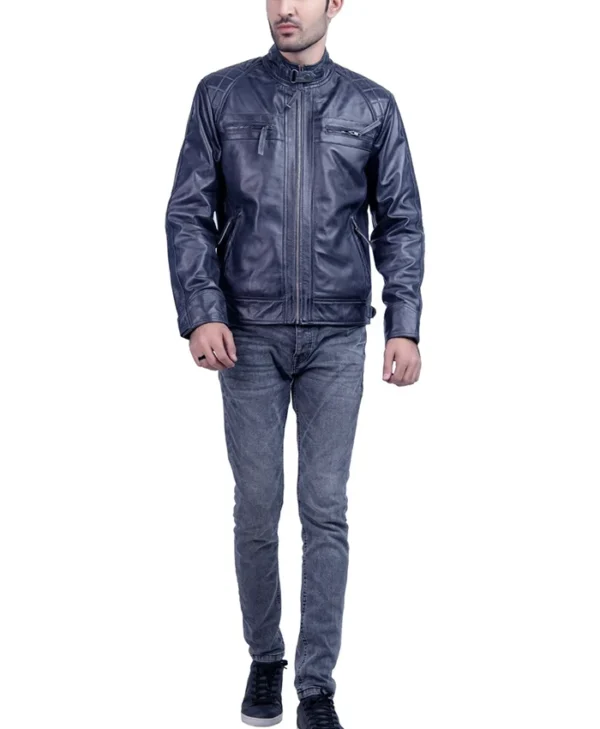 Mens Quilted Blue Cafe Racer Leather Jacket Stand Up