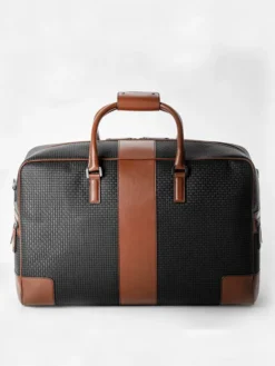 Mens Real Leather Bown Strap Black Duffle Bag Main