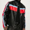 Mens Red Blue Striped Black Leather Jacket