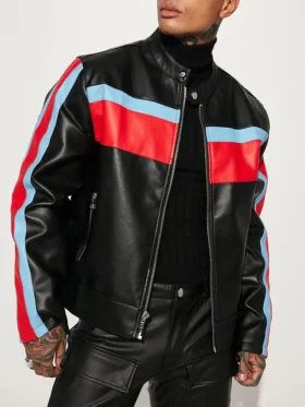 Mens Red Blue Striped Black Leather Jacket