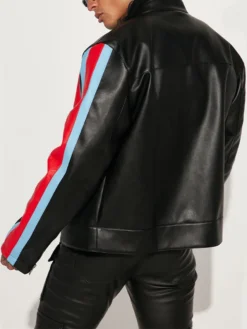 Mens Red Blue Striped Black Leather Jacket Back