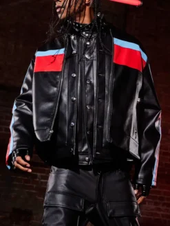 Mens Red Blue Striped Black Leather Jacket Fashion