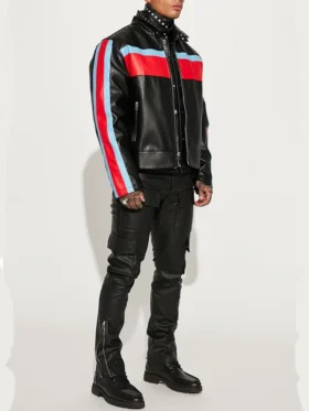 Mens Red Blue Striped Black Leather Jacket Stand Up