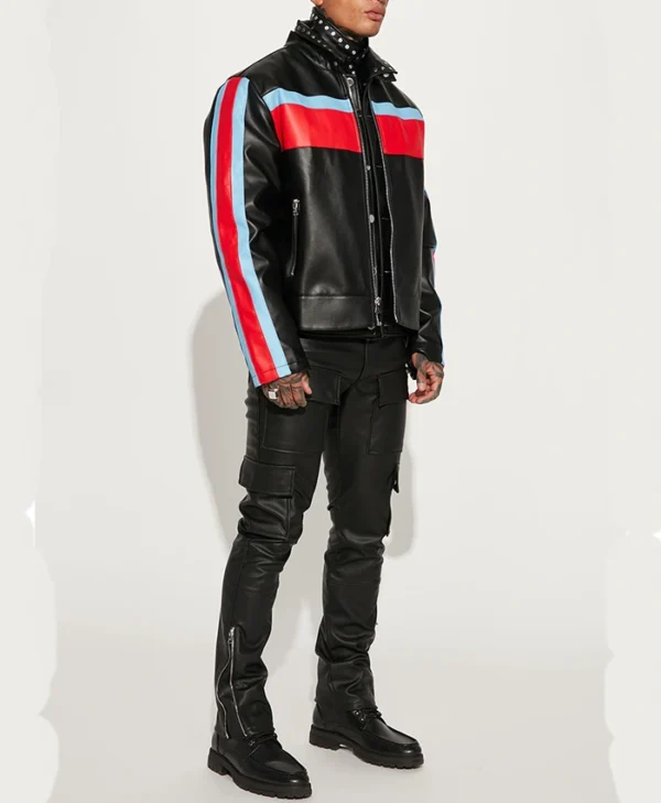 Mens Red Blue Striped Black Leather Jacket Stand Up