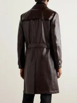 Mens Stylish Long Brown Leather Trench Coat Back