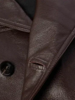 Mens Stylish Long Brown Leather Trench Coat Buttoned