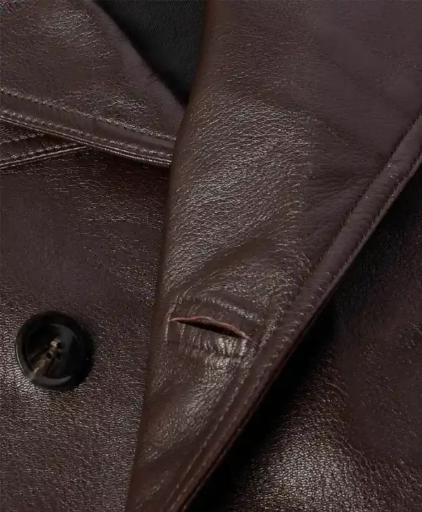 Mens Stylish Long Brown Leather Trench Coat Buttoned