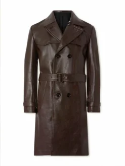 Mens Stylish Long Brown Leather Trench Coat Main