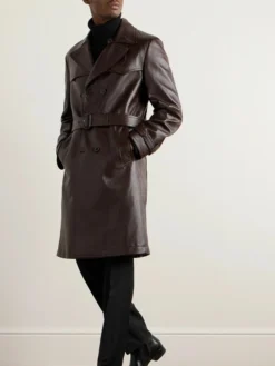 Mens Stylish Long Brown Leather Trench Coat Walk