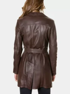 Mid Brown Belted Vintage Leather Coat Womens Back