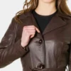 Mid Brown Belted Vintage Leather Coat Womens Collar