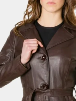 Mid Brown Belted Vintage Leather Coat Womens Collar