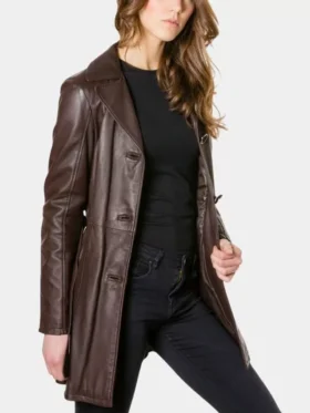 Mid Brown Belted Vintage Leather Coat Womens Left