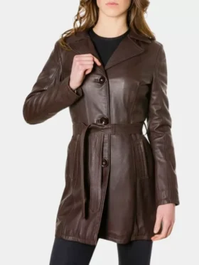 Mid Brown Belted Vintage Leather Coat Womens Main