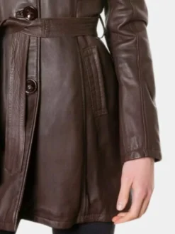 Mid Brown Belted Vintage Leather Coat Womens Pockets