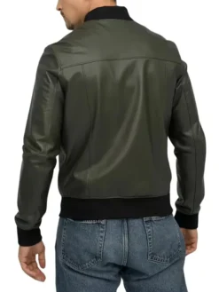 Olive Green Mens Leather Bomber Jacket Back
