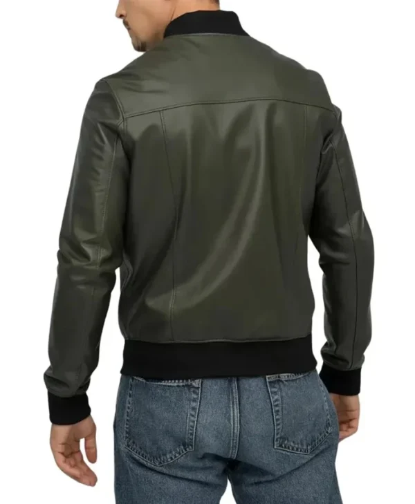 Olive Green Mens Leather Bomber Jacket Back