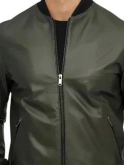 Olive Green Mens Leather Bomber Jacket Collar