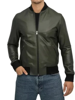 Olive Green Mens Leather Bomber Jacket Main
