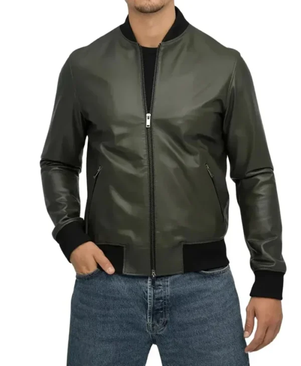 Olive Green Mens Leather Bomber Jacket Main