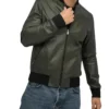 Olive Green Mens Leather Bomber Jacket Stand