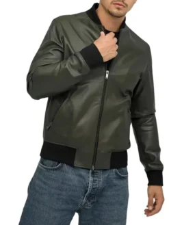 Olive Green Mens Leather Bomber Jacket Stand