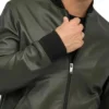 Olive Green Mens Leather Bomber Jacket Zipper
