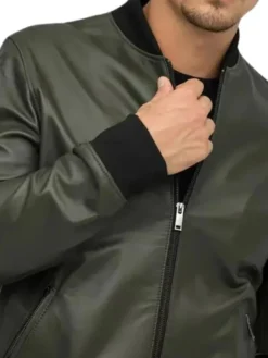 Olive Green Mens Leather Bomber Jacket Zipper