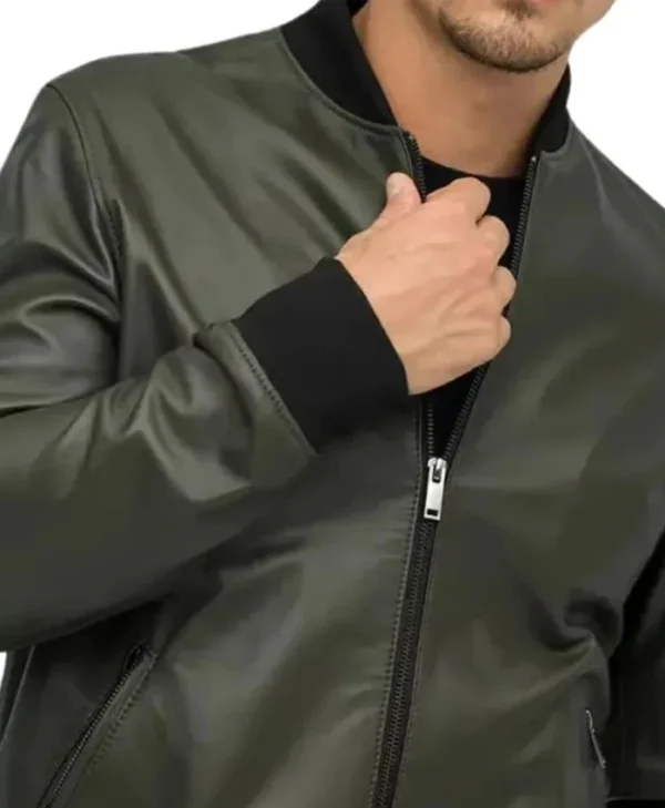 Olive Green Mens Leather Bomber Jacket Zipper