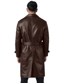 Premium Brown Leather Mens Double Breasted Coat Back