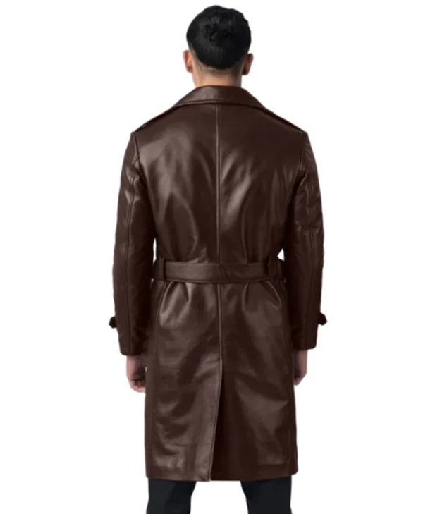 Premium Brown Leather Mens Double Breasted Coat Back