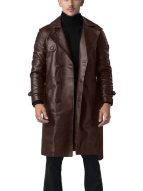 Premium Brown Leather Mens Double Breasted Coat Main