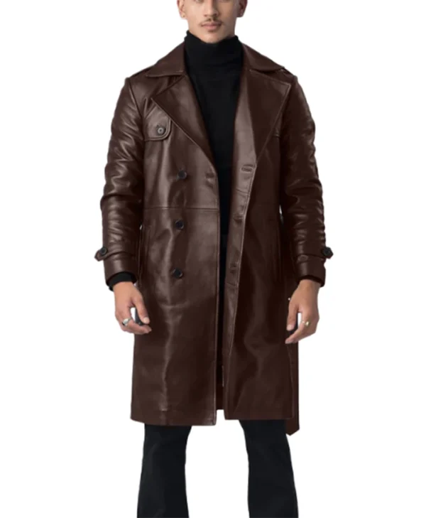 Premium Brown Leather Mens Double Breasted Coat Main