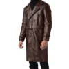 Premium Brown Leather Mens Double Breasted Coat Side
