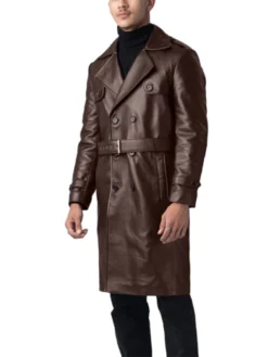 Premium Brown Leather Mens Double Breasted Coat Side