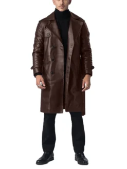 Premium Brown Leather Mens Double Breasted Coat Stand