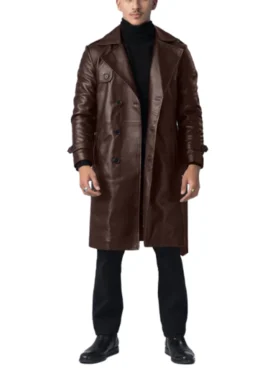 Premium Brown Leather Mens Double Breasted Coat Stand