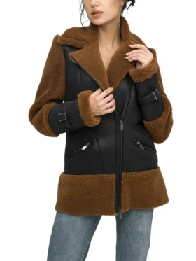 Reversible Brown Shearling Aviator Pilot Jacket Womens Closure