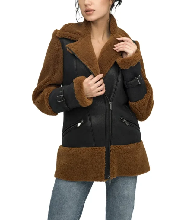 Reversible Brown Shearling Aviator Pilot Jacket Womens Closure