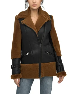 Reversible Brown Shearling Aviator Pilot Jacket Womens Main