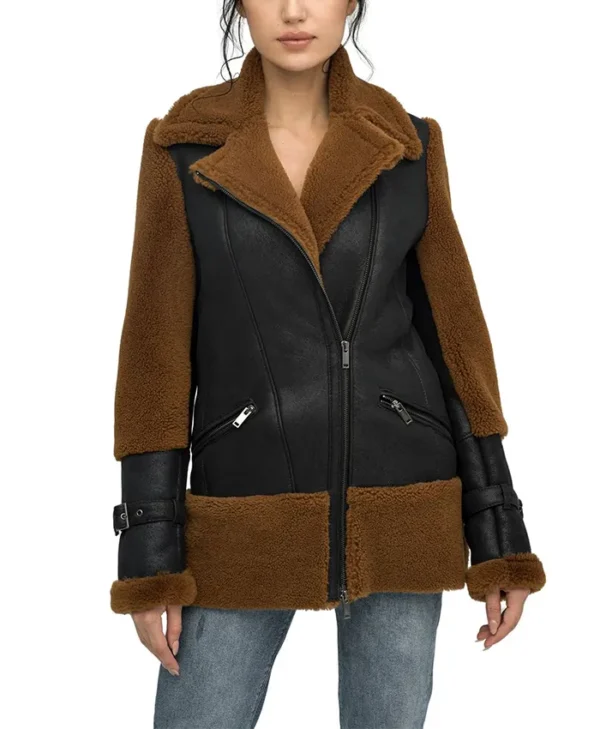 Reversible Brown Shearling Aviator Pilot Jacket Womens Main