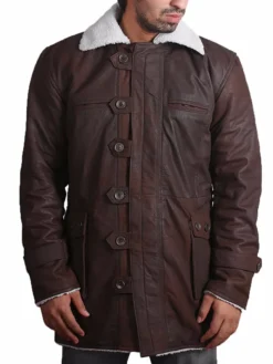 Shearling Mens Bane Brown Leather Overcoat Close