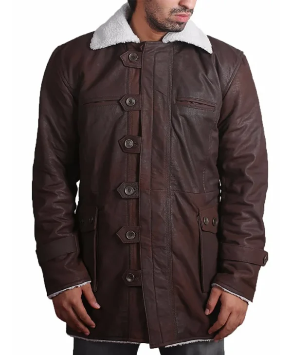 Shearling Mens Bane Brown Leather Overcoat Close