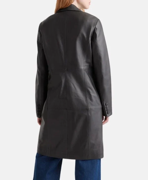 Simple Plain Leather Long Ladies Black Trench Coat Back