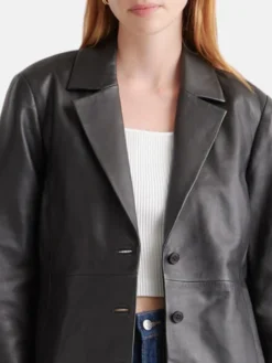 Simple Plain Leather Long Ladies Black Trench Coat Collar