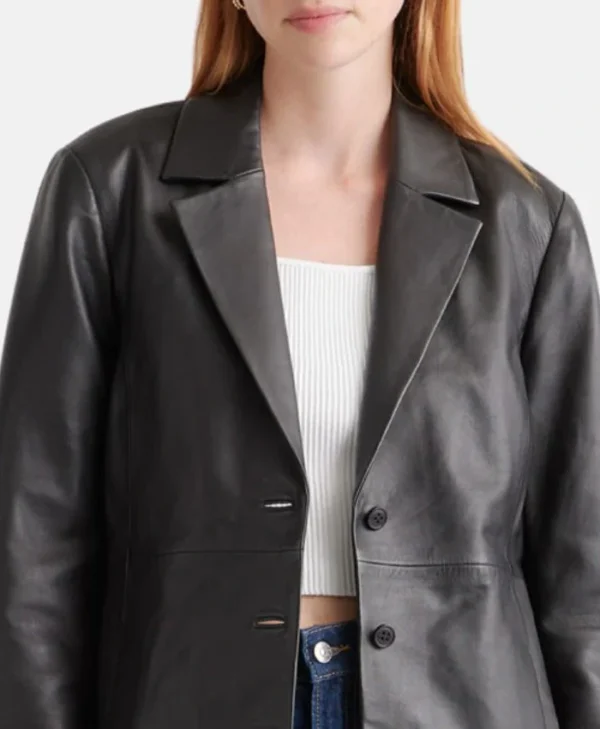 Simple Plain Leather Long Ladies Black Trench Coat Collar