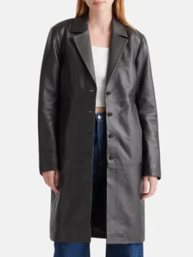 Simple Plain Leather Long Ladies Black Trench Coat Main