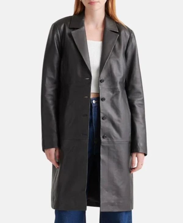 Simple Plain Leather Long Ladies Black Trench Coat Main