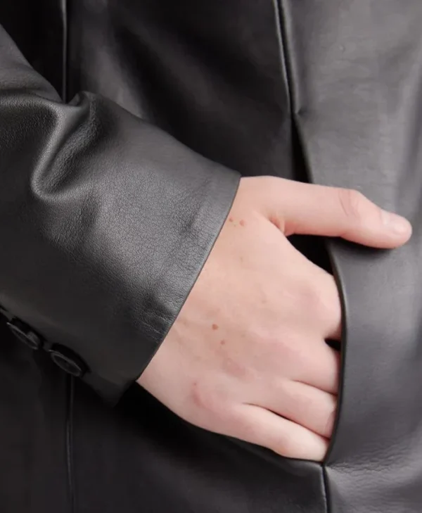 Simple Plain Leather Long Ladies Black Trench Coat Pockets