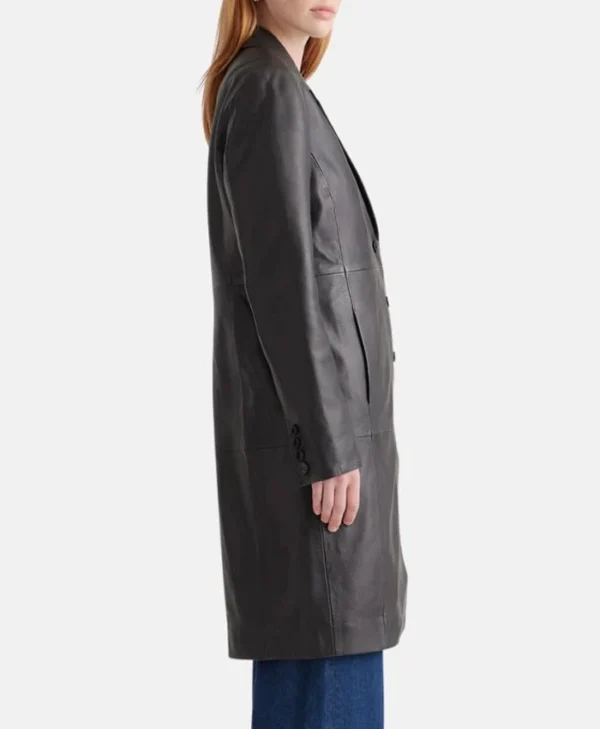 Simple Plain Leather Long Ladies Black Trench Coat Side